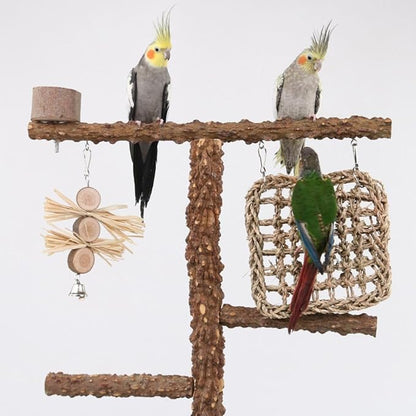 Natural Wood Parrot Stand - Ideal Toy &amp; Accessory for Parakeets, Canaries, Cockatiels, Conure, Lovebirds - Bird Perch Stand with Removable Tray Climbing Net Chewing Toys- Perfect Pet Birds Playstand