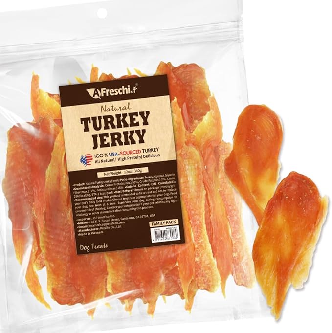 Afreschi Turkey Jerky Dog Treats –12 oz, USA-Sourced Trukey, All-Natural, Hypoallergenic, High-Protein, Low-Fat, Healthy &amp; Easily Digestible, Puppy &amp; Training Snack
