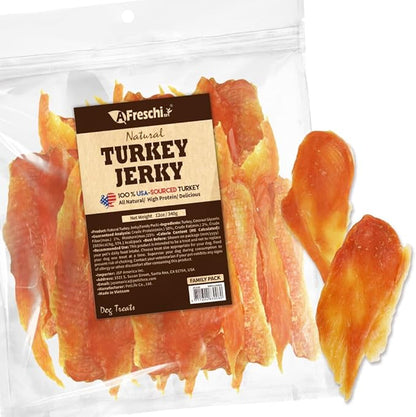 Afreschi Turkey Jerky Dog Treats –12 oz, USA-Sourced Trukey, All-Natural, Hypoallergenic, High-Protein, Low-Fat, Healthy &amp; Easily Digestible, Puppy &amp; Training Snack