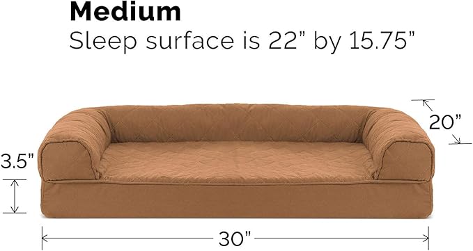 Furhaven Orthopedic Dog Bed for Medium/Small Dogs w/ Removable Bolsters &amp; Washable Cover, For Dogs Up to 35 lbs - Quilted Sofa - Toasted Brown, Medium