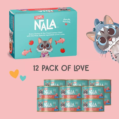 LOVE, NALA - Natural Adult Cat Wet Food - FLAKED Salmon in Broth - Grain Free, Non-GMO, Lean Protein with Omega 3, Added Minerals &amp; Vitamins - 12 Pack, 2.4 lbs.
