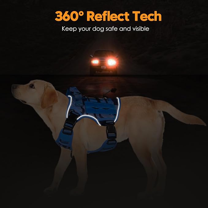 Heavy-Duty Tactical Dog Harness for Large Dogs, No Pull Adjustable Reflective Pet Vest with Molle System, K9 Military-Grade Control for Service Training, Outdoor &amp; 10+ Breeds, Blue Camo, Small