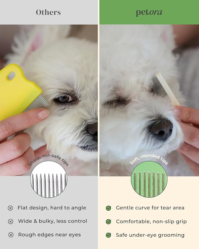 [petora] BRUSH ON ME Gentle Facial &amp; Eye Comb for Dogs &amp; Cats | Smooth &amp; Stress-Free Tear Stain Remover | Fine-Tooth Grooming Tool with Rounded Tips | Comfortable Grip for Daily Pet Grooming