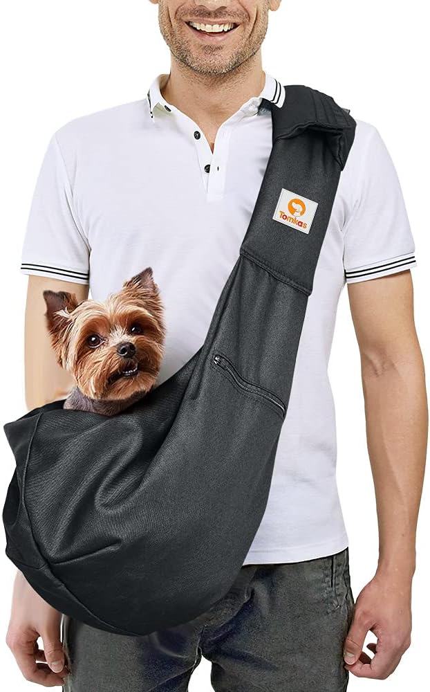 Tomkas Small Dog Sling Carrier - Zipper pocket &amp; Adjustable strap &amp; Zip Pocket - for 8 - 15 lbs pets(Black)Pupppy