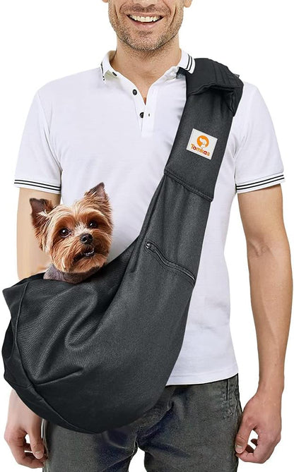 Tomkas Small Dog Sling Carrier - Zipper pocket &amp; Adjustable strap &amp; Zip Pocket - for 8 - 15 lbs pets(Black)Pupppy