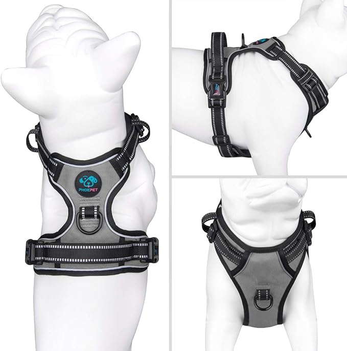 PHOEPET No Pull Dog Harness Reflective Adjustable with 2 Metal Leash Hooks and Soft Training Handle [Over The Head Design](S, Grey)
