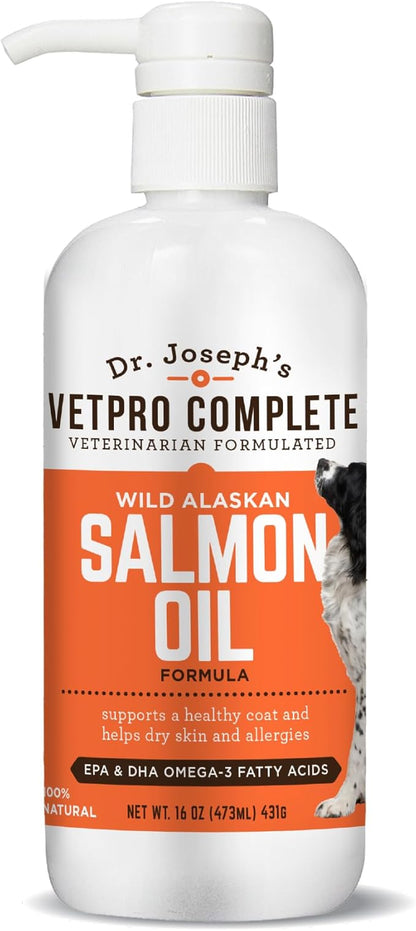 VetPro Complete Wild Alaskan Salmon Oil Formula Supplement for Dogs &amp; Cats, 16 Ounces, Omega 3 &amp; 6 Liquid Fish Oil, EPA + DHA Fatty Acids, Coat &amp; Joint Support, Helps Dry Skin &amp; Allergies, Add to Food