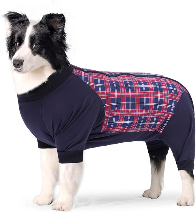 Dog Recovery Suit, Abdominal Wound After Surgery Wear, Anti Licking Bodysuit with Zipper, E-Collar &amp; Cone Alternatives, Plaid Dog Spay Surgical Onesie Prevent Shedding(3XL, Red)