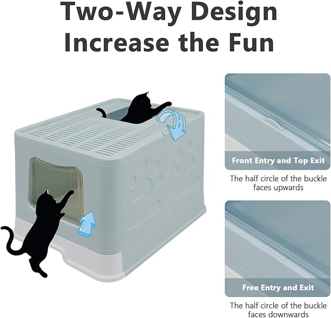 XL Foldable Cat Litter Box with Lid - Jumbo Enclosed Potty - Top Entry Anti-Splashing Toilet - Includes Scoop &amp; 2-in-1 Cleaning Brush (Blue