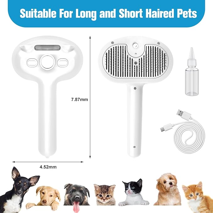 Steam Brush for Cats,4 in 1 Cat Steam Brush,Self-Cleaning Slicker Brushes for Dogs,Pet Spary Hair Removal Comb for Grooming Massage,Recharegable Cat Dog Hair Remover for Long&amp;Short Haired Dogs White
