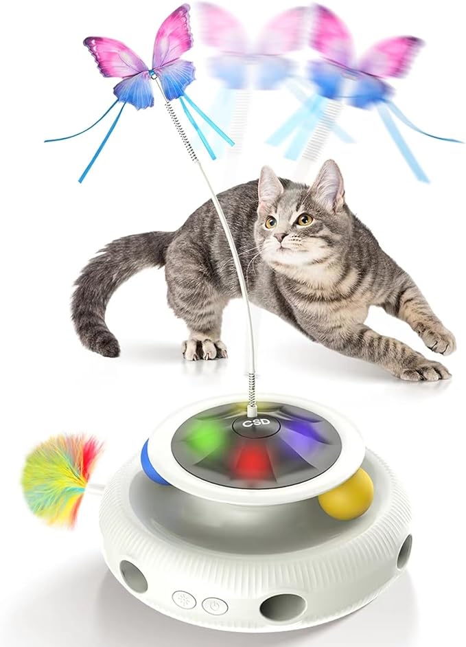 Automatic Interactive Cat Toys for Indoor Cats &amp; Bored Adults - Kitten Toys with Fluttering Butterfly, Ambush Feather &amp; Track Balls - Exercise &amp; Stimulation for Playful Cats (Beige)