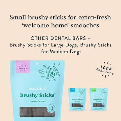 Bocce’s Bakery Dailies Brushy Sticks to Support Oral Health &amp; Fresh Breath, Wheat-Free Dental Bars for Dogs, Made with Real Ingredients, Baked in the USA, All-Natural Coconut &amp; Mint Recipe, Small Dogs