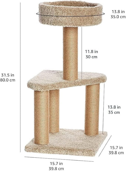 Amazon Basics Cat Tree - Indoor Cat &amp; Kittens Multi-Level Climbing Activity Tower with Scratching Posts, Medium (31.5"H) - Beige