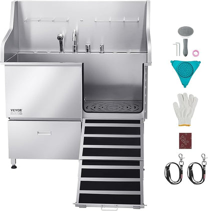 VEVOR Professional 304 Stainless Steel Dog Bathing Station, 50 inch Pet Grooming Tub w/Anti-Slip ramp, Storage Drawer, Cold Hot Faucet Showerhead, for Large &amp; Medium &amp; Small (Right Door, with Drawer)