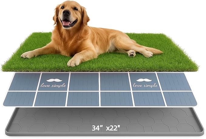 Dog Grass Pad with Tray, 34"x22" Silicone Base Washable Reusable Pee Pad &amp; Grass Pad - Non-Slip, Easy-Clean Indoor Outdoor Dog Potty Toilet (34" x 22")