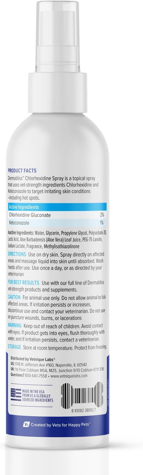 Vetnique Dermabliss Medicated Chlorhexidine Antiseptic Skin Spray for Dogs &amp; Cats, Supports Skin Infections and Irritations 8oz