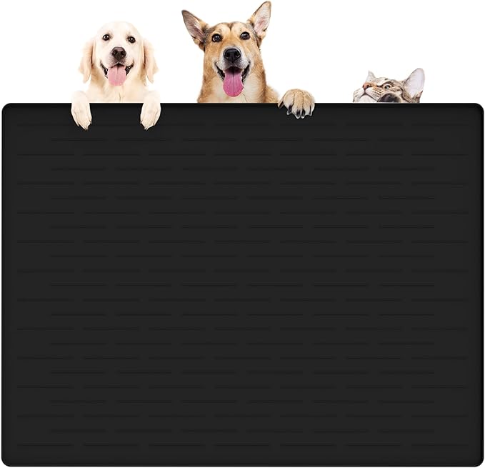 39.4"x29.5" Large Pet Food Mat, Silicone Dog Mats for Food and Water, Nonslip Pet Feeding Mats for Floors,Dog Cat Bowl Mat with Raised Edges, Black