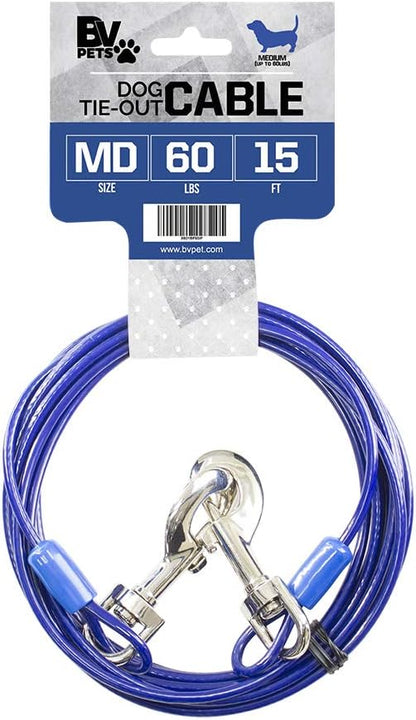 BV Dog Tie Out Cable 15 Feet - Heavy Duty Dog Lead Up to 60 Pounds - Reflective &amp; Rust-Free with Quick Release Swivel Clips &amp; 360° Rotating Clasp - Tangle-Free Dogs Runner for Yard (Blue, Single)