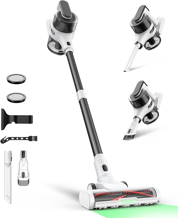 Cordless Stick Vacuum Cleaner for Home, Lightweight Rechargeable Vacuum with 55min Runtime, Powerful Suction, Green LED Headlight, 9-in-1 Pet Hair Carpet &amp; Hardwood Floor Cleaner