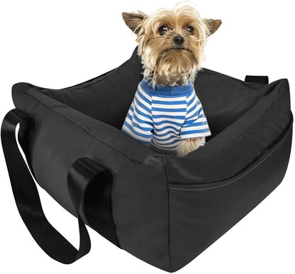 Dog Car Seat for Small Dogs, Large Leather Dog Car Bed with Storage Pocket, Waterproof PVC Leather Booster Seat Travel Bed for Front &amp; Back Seat, Clip-On Safety Leash (Black)