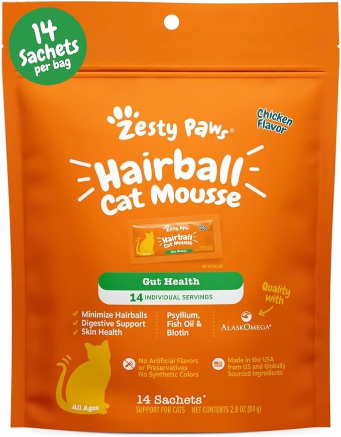 Zesty Paws Hairball Cat Mousse - Hairball Treats for Cats Digestive Support - Lickable Cat Vitamin Treats for Skin &amp; Gut Health - Squeezeable Puree Tube for Furball Relief - Chicken 14ct