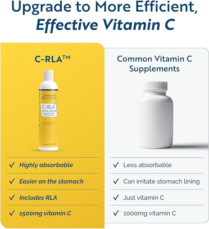 Researched Nutritionals C-RLA - Liposomal Vitamin C with R Lipoic Acid to Support Detox - Vegan &amp; Soy-Free Vitamin C Liquid, Vanilla Caramel Flavor (10 Fl Oz)