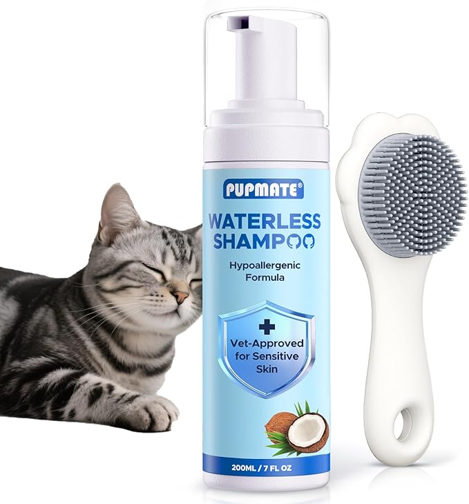 Cat Waterless Shampoo with Brush - No Rinse Formula for Quick Clean Between Baths, Hypoallergenic &amp; Detangling, Reduce Itchy Skin Shedding, Vet-Recommended for Kittens/Senior Cats, Coconut Scent