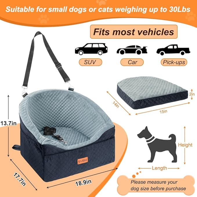 Vivifying Dog Car Seat for Small &amp; Medium Dogs, Detachable &amp; Washable Booster Seat for Pets Up to 30lbs, Travel Bed with Storage Pockets and Safety Belt – Gray&amp;Black