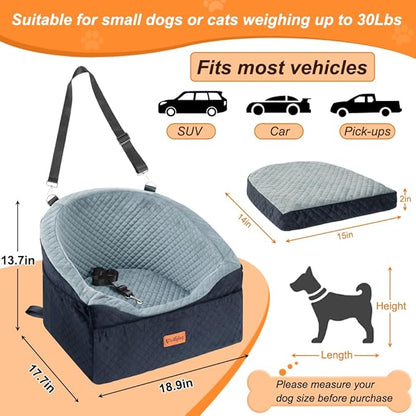Vivifying Dog Car Seat for Small &amp; Medium Dogs, Detachable &amp; Washable Booster Seat for Pets Up to 30lbs, Travel Bed with Storage Pockets and Safety Belt – Gray&amp;Black