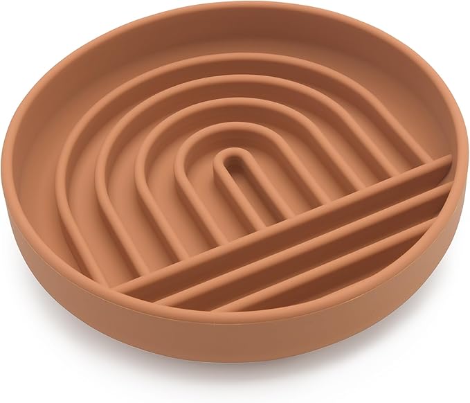 The Slowdown Bowl Silicone Slow Feeder for Cats &amp; Kittens, Slow Eating Mealtime Solution with Lick Modern Mat Design, Reduces Gulping, Fits 1 Cup 6” Across x 1.25” Tall, Small-Terracotta