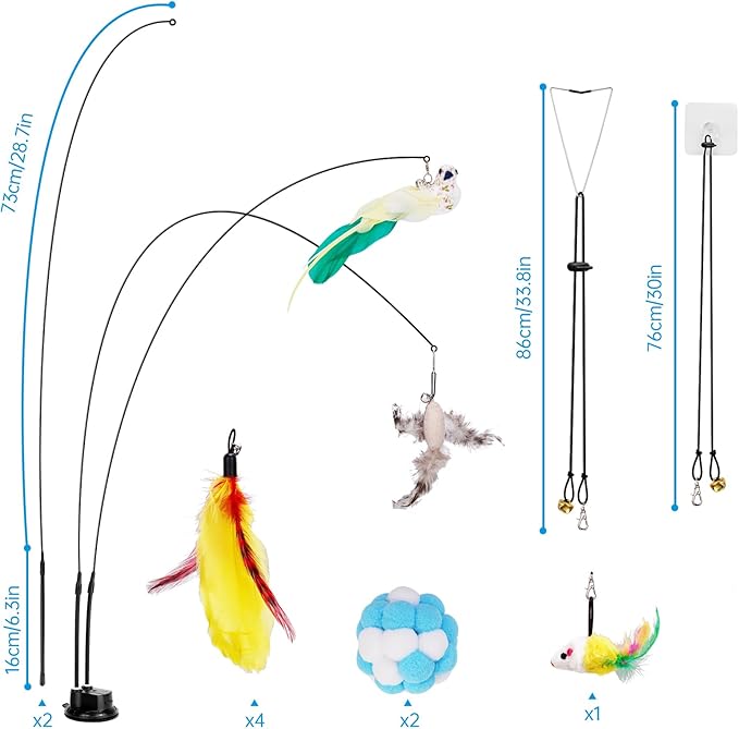 ZooZoo 14PCS Interactive Cat Feather Toy Set for Indoor Cats, Active Play Kit with Door Hanging Toy, Double-Sided Suction Cat Wand with Feathers, Mice &amp; Fur Balls, Encourages Hunting, Jumping, Chasing