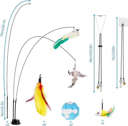 ZooZoo 14PCS Interactive Cat Feather Toy Set for Indoor Cats, Active Play Kit with Door Hanging Toy, Double-Sided Suction Cat Wand with Feathers, Mice &amp; Fur Balls, Encourages Hunting, Jumping, Chasing