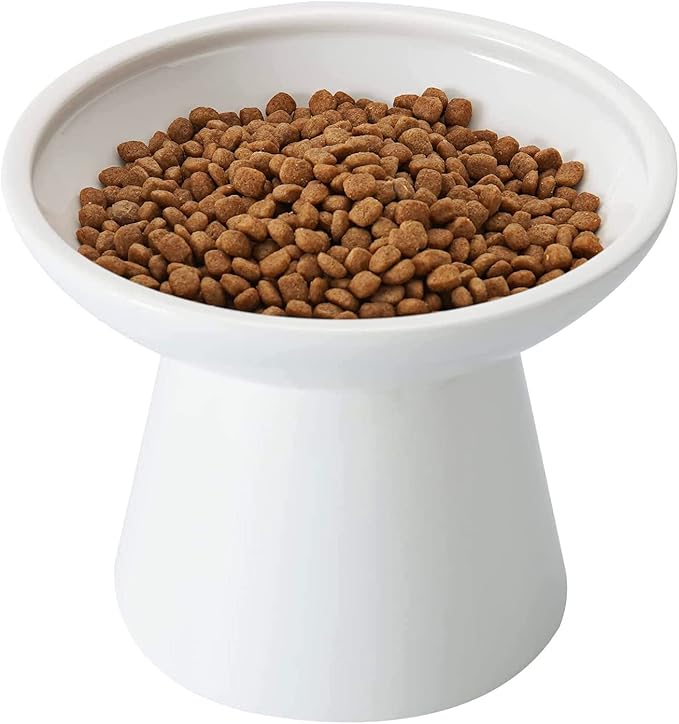 Extra Wide Elevated Ceramic Cat Bowl - 6.2" Shallow Dish for Whisker Fatigue Relief, 5" Height for Easy Feeding, Lead &amp; Cadmium Free, Durable Raised Cat Food Bowls, White