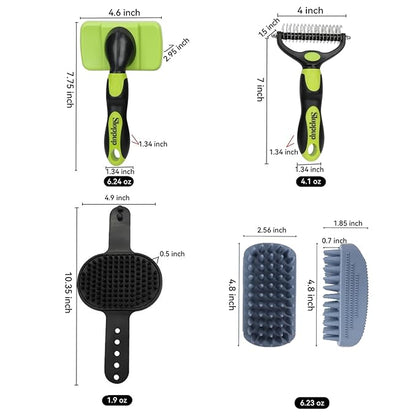 Dog Brush Kit for Grooming Short &amp; Long Haired Dogs &amp; Cats, 4-in-1 Pet Grooming Set with Self-Cleaning Slicker Brush, Deshedding Tool, Shampoo Bath Comb, Massge Comb (Green Black)