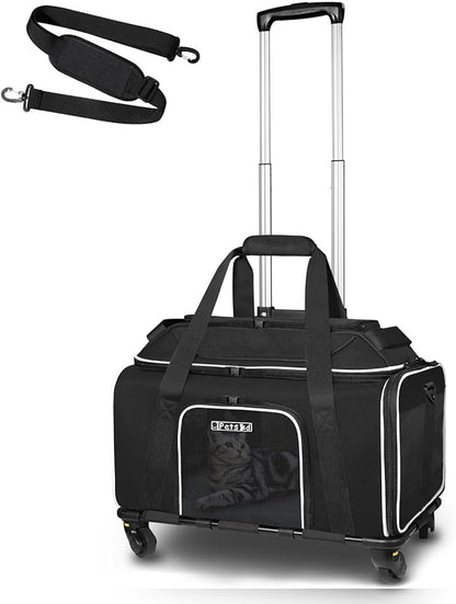 Petskd Top-Expandable Pet Carrier with Wheels 17x12x8.5 Inches JetBlue Allegiant Spirit Airline Approved, Soft-Sided Carrier for Small Cat Dog with Locking Safety Zippers and Anti-Scratch Mesh(Black)