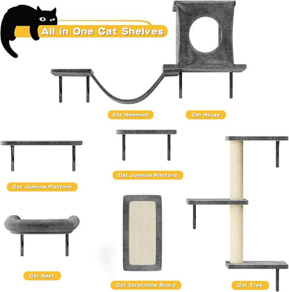 NUNU LAB Wall Mounted Cat Furniture, 6 Pcs Cat Wall Shelves with Condo House, Bridge, Steps, Scratcher, Hammock, Indoor Safe &amp; Stable Furniture for Kittens Play, Dark Gray