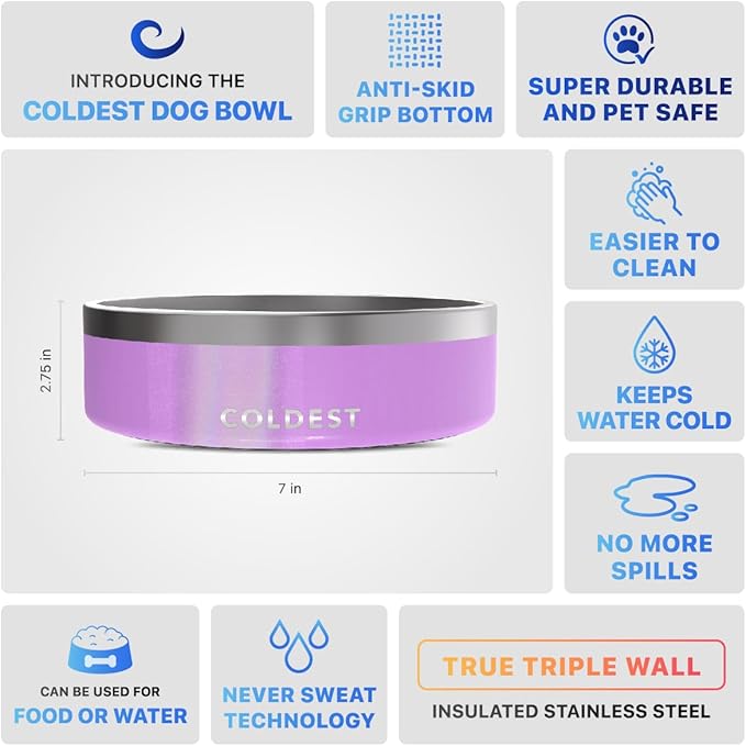 Coldest Dog Bowl - Anti Rust Metal, Non Slip, 3 Layers Insulated Stainless Steel Dog Bowls - Spill Proof &amp; Heavy Duty - Water Bowl for Dogs, Cats, Dish Washer Safe (42 oz, Saturns Purple Glitter)