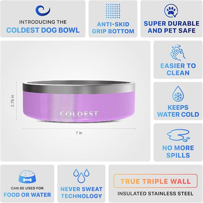 Coldest Dog Bowl - Anti Rust Metal, Non Slip, 3 Layers Insulated Stainless Steel Dog Bowls - Spill Proof &amp; Heavy Duty - Water Bowl for Dogs, Cats, Dish Washer Safe (42 oz, Saturns Purple Glitter)