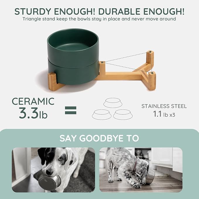 SPUNKYJUNKY Ceramic Dog and Cat Bowl with Wood Stand Non-Slip Matte Glaze Weighted Food Water Set for Cats &amp;Small Dogs 13.5 OZ Green