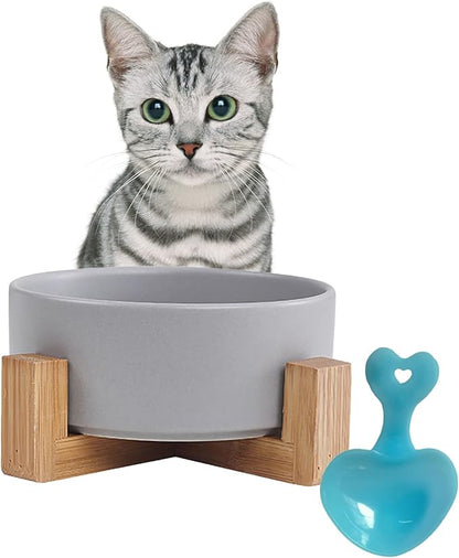 Ceramic Dog Cat Bowl with Wood Stand,Cat Food &amp; Water Bowls Elevated Non-Spill Modern Cute Kitty Dishes Heavy Weighted Round Pet Dishes Set for Small Kitten Grown Cat(Grey)