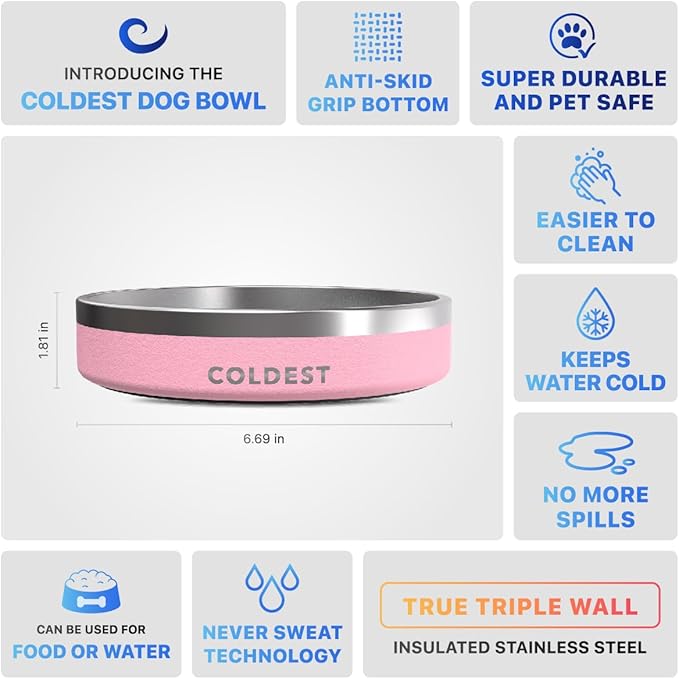 Coldest Dog Bowl - Anti Rust Metal, Non Slip, 3 Layers Insulated Stainless Steel Dog Bowls - Spill Proof &amp; Heavy Duty - Water Bowl for Dogs, Cats &amp; Pets, Dish Washer Safe (21 oz,Cotton Candy Pink)