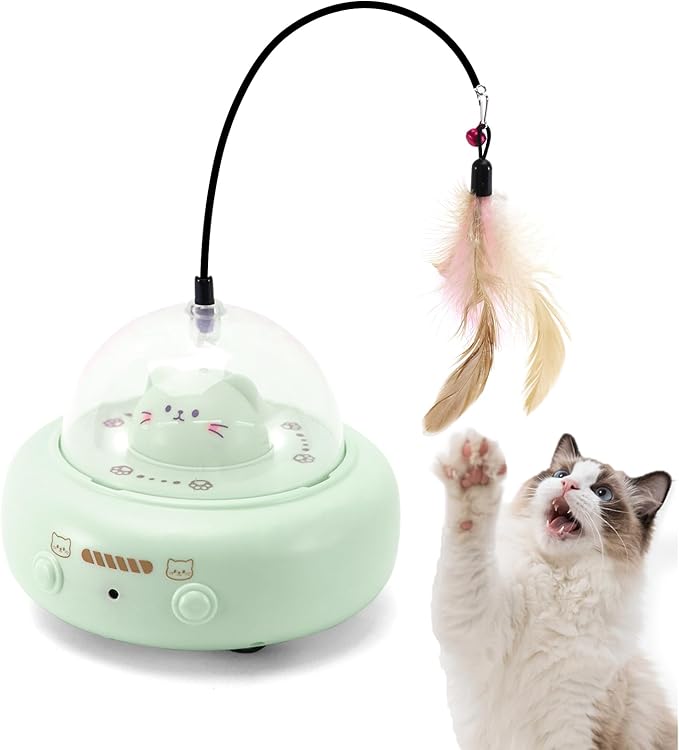 Automatic Cat Toys with Feathers, Interactive Cat Toy for Indoor Exercise, Rechargeable Teasing Toys for Indoor Cats, USB Powered, Smart Standby&amp;Obstacle Avoidance(Green)