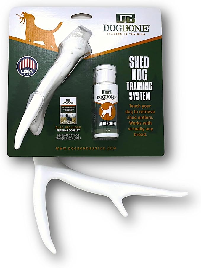 DogBone Shed Hunting Dog Training Kit – Train Your Puppy to Find Deer Antlers - Includes 2 oz Scent for Nosework &amp; Flexible Floating Dummy for Retrieving - Perfect for Whitetail Hunters