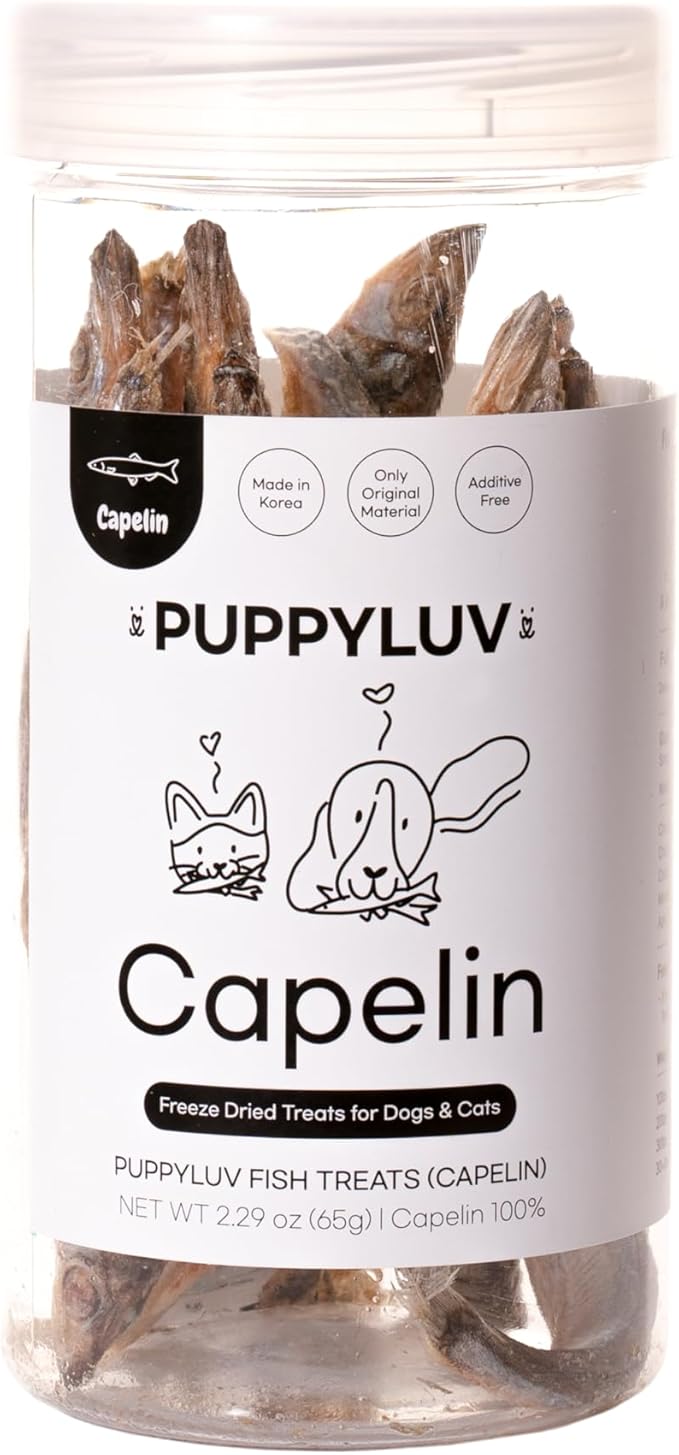 Puppyluv Treat - Freeze Dried Capelin Dog &amp; Cat Treats, Rich Fish Oil with Omega 3 Fatty Acides to Support Skin and Coat, Whole Fish, Grain Free, 2.3oz