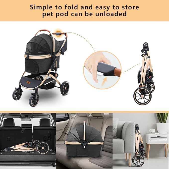 Pettingzoo Dog stroller with 4 Wheels, Folding Cat Stroller for Small/Medium/Large dogs &amp; cats to 60 lbs, pet stroller with removable carrier, Storage Basket,Cup Holder,3 in1 Multifunctiona Detachable