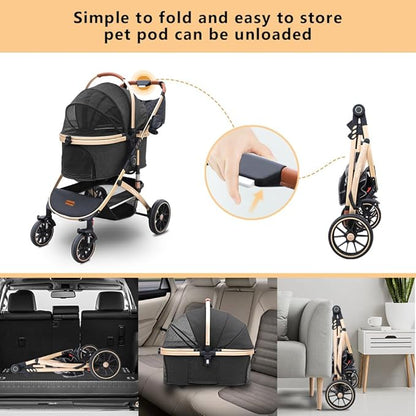Pettingzoo Dog stroller with 4 Wheels, Folding Cat Stroller for Small/Medium/Large dogs &amp; cats to 60 lbs, pet stroller with removable carrier, Storage Basket,Cup Holder,3 in1 Multifunctiona Detachable