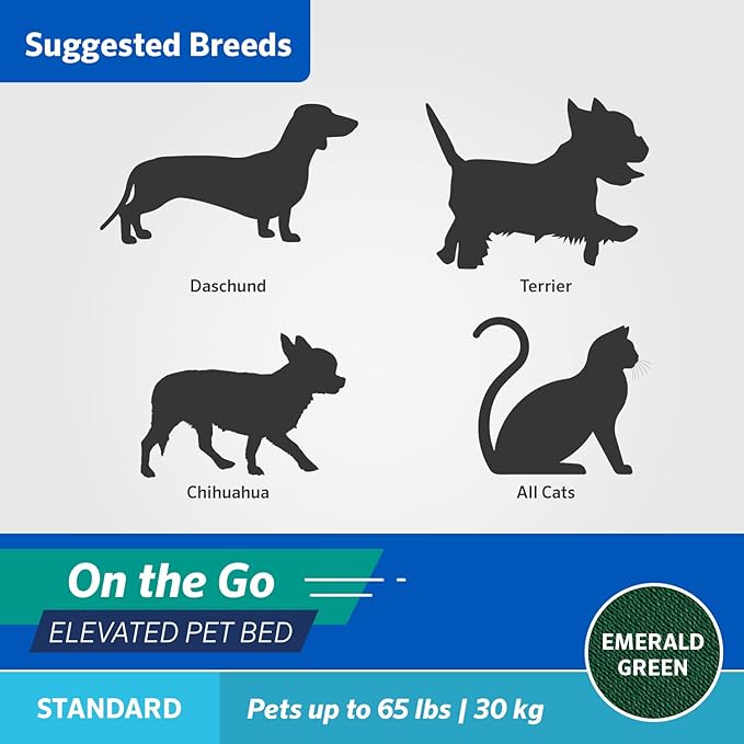 Coolaroo On-The-Go Elevated Dog Bed - Foldable Pop-Up Travel Dog Bed with Breathable, Moisture-Resistant Fabric, Carry Bag Included, Lightweight &amp; Portable, Emerald Green, Standard