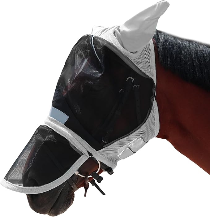 Luminous Horse Fly Mask with Long Nose, Ears, Full Face &amp; Eye Protection - Full Mesh, Detachable Nose Cover, Fleece Padded Edging, Hook-and-Loop Straps with Webbing, Hanging Straps Grey