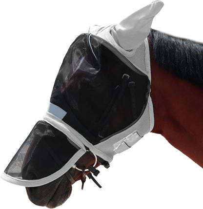 Luminous Horse Fly Mask with Long Nose, Ears, Full Face &amp; Eye Protection - Full Mesh, Detachable Nose Cover, Fleece Padded Edging, Hook-and-Loop Straps with Webbing, Hanging Straps Grey