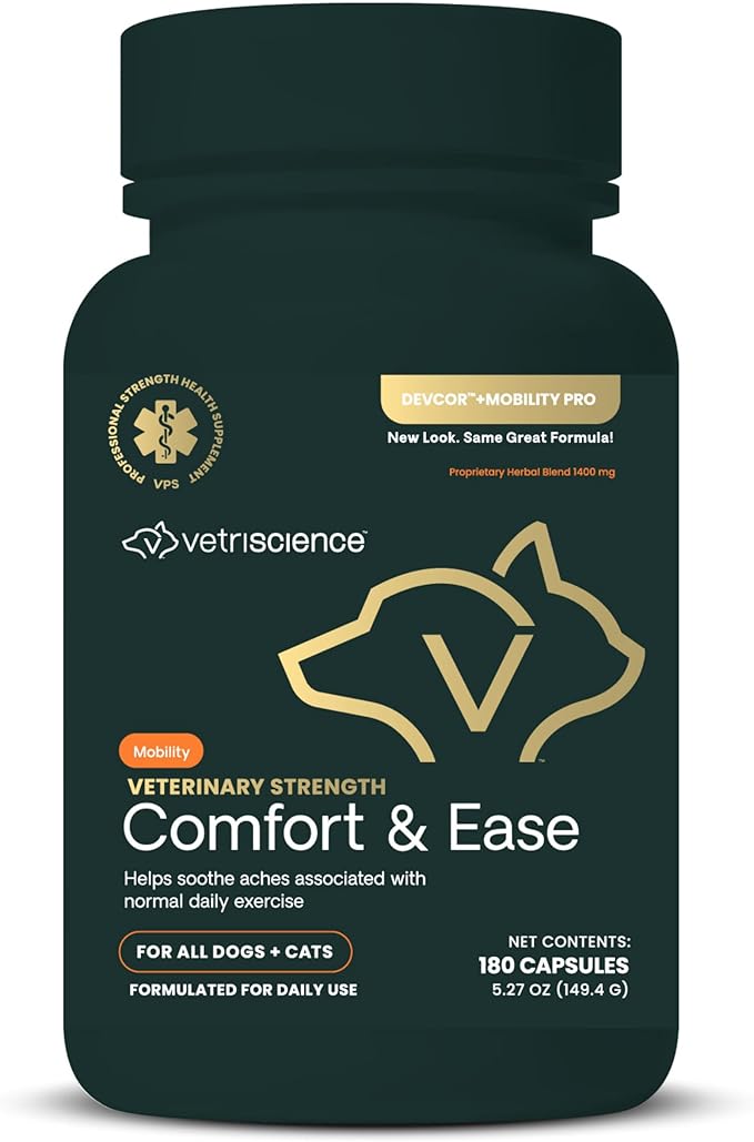 VETRISCIENCE Veterinary Strength Comfort &amp; Ease Capsules - Mobility Supplement for Pets - Supports Aches from Normal Exercise - Joint Care for Dogs &amp; Cats - 180 Count